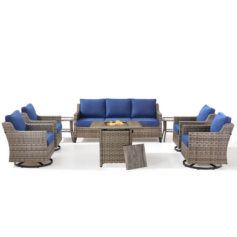 Pocassy Outdoor Swivel Chair with Sofa with Fire Pit Table