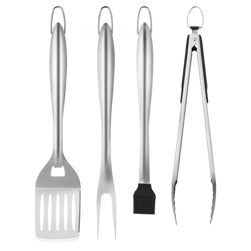 4-Piece Stainless Steel BBQ Grill Tool Set with Spatula Fork, Tongs and Brush for Outdoor - 18.7 x 4.33 x 2.95 in