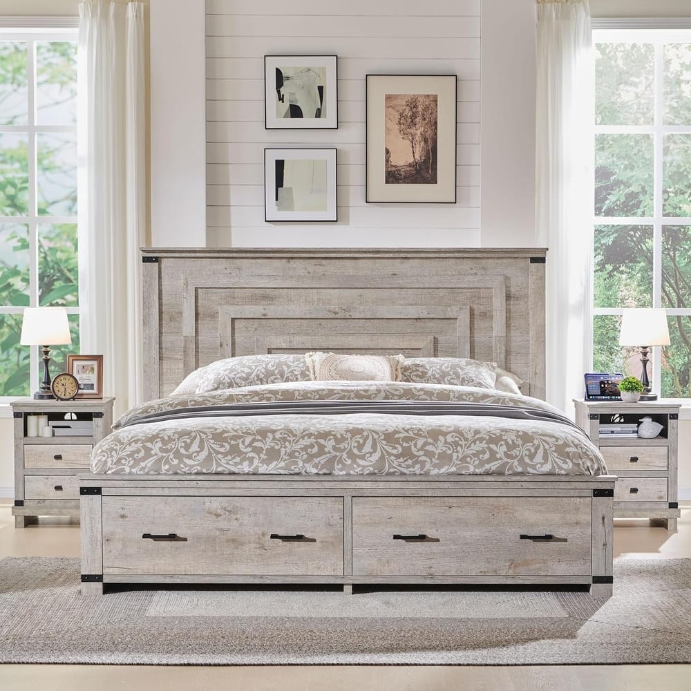 Farmhouse Wood Bed Frame with 54" Tall Headboard, 2 Large Drawers