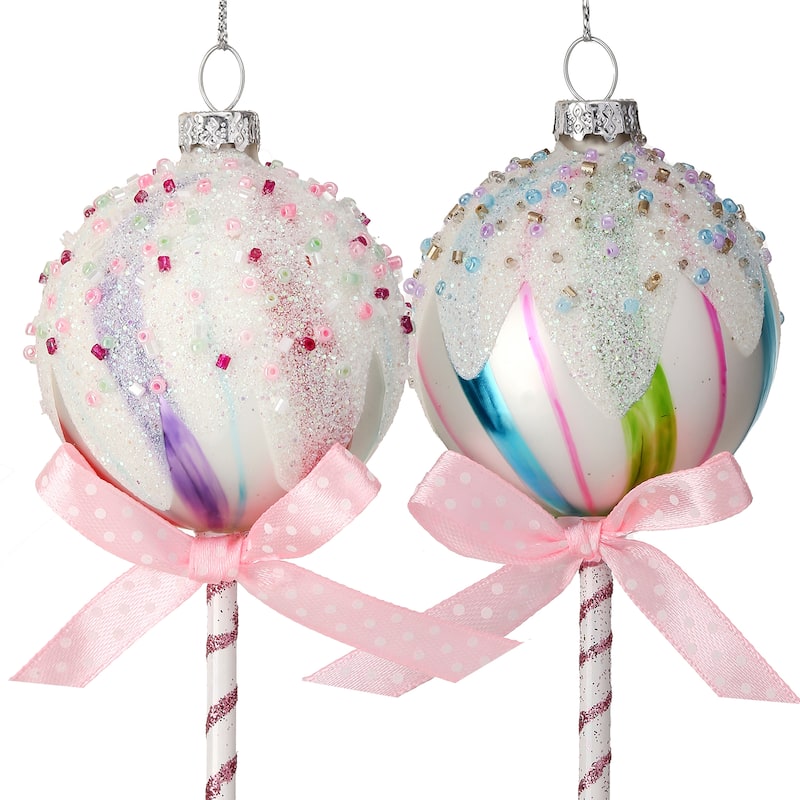 6" Glass Lollipop With Glitter Ornament Set of 2