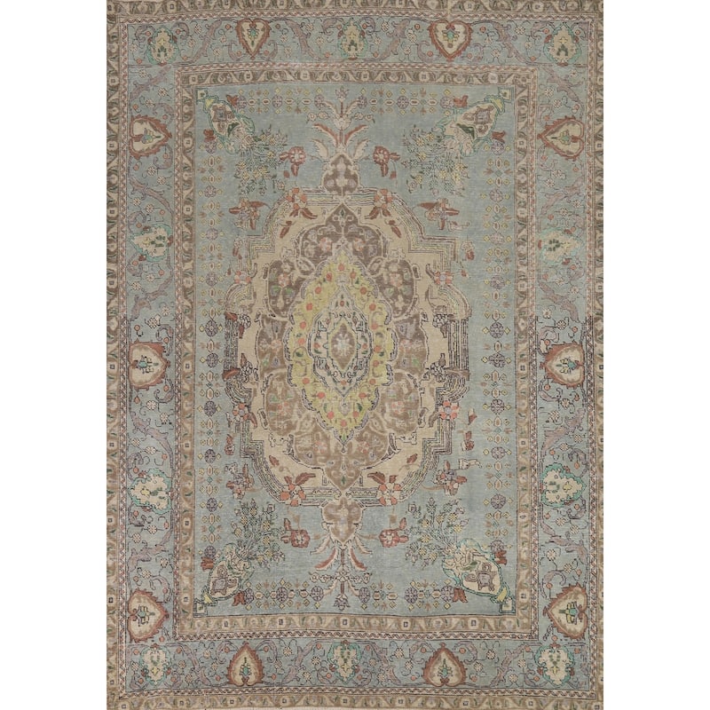 Hand Knotted Oriental 100% Wool Carpet Traditional Medallion Navy Blue & Blues Tabriz Area Rug - 10' 9'' X 7' 8''