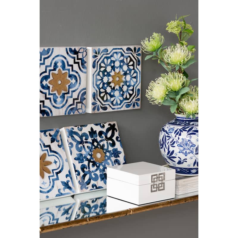 S/4 Abstract Blue, White, and Gold Wall Decor Accents, 9.5x9.5"