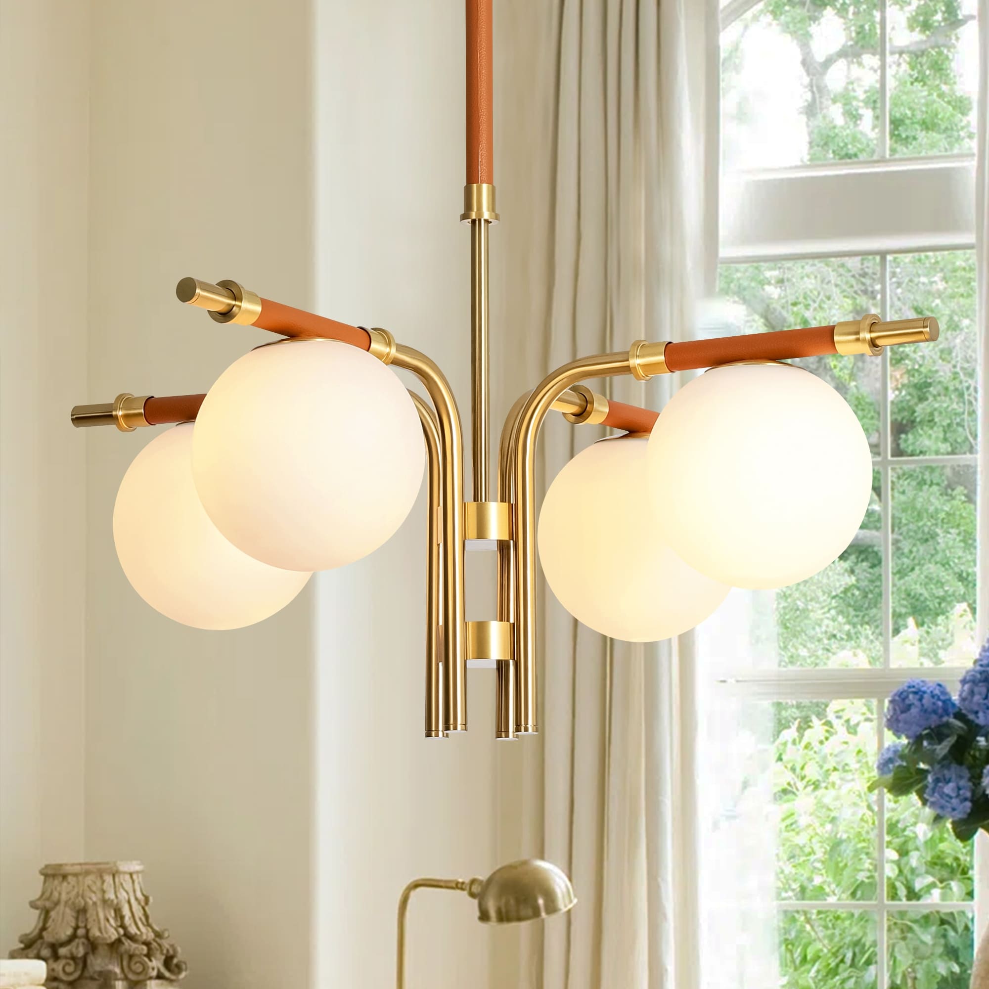 27" Mid-Century Modern 4-Light Gold Handcrafted Leather Accent Chandelier with Opal Glass Globe Shades for Dining & Living Room