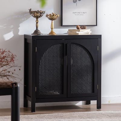 29-Inch Narrow Black Accent Cabinet with Doors – Rattan Sideboard Buffet with Adjustable Shelf, Storage Cabinet for Living Room.