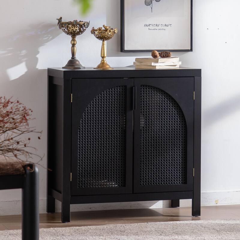 Black Accent Cabinet with Doors, Rattan Sideboard Buffet Cabinets with Storage,29 Inch Narrow Credenzas Storage Cabinet
