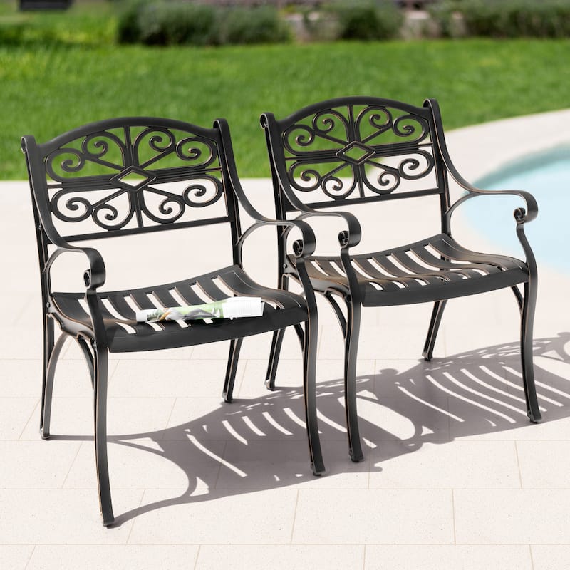 Patio Cast Aluminum Dining Chairs of 2, Bistro Chairs with Armrests