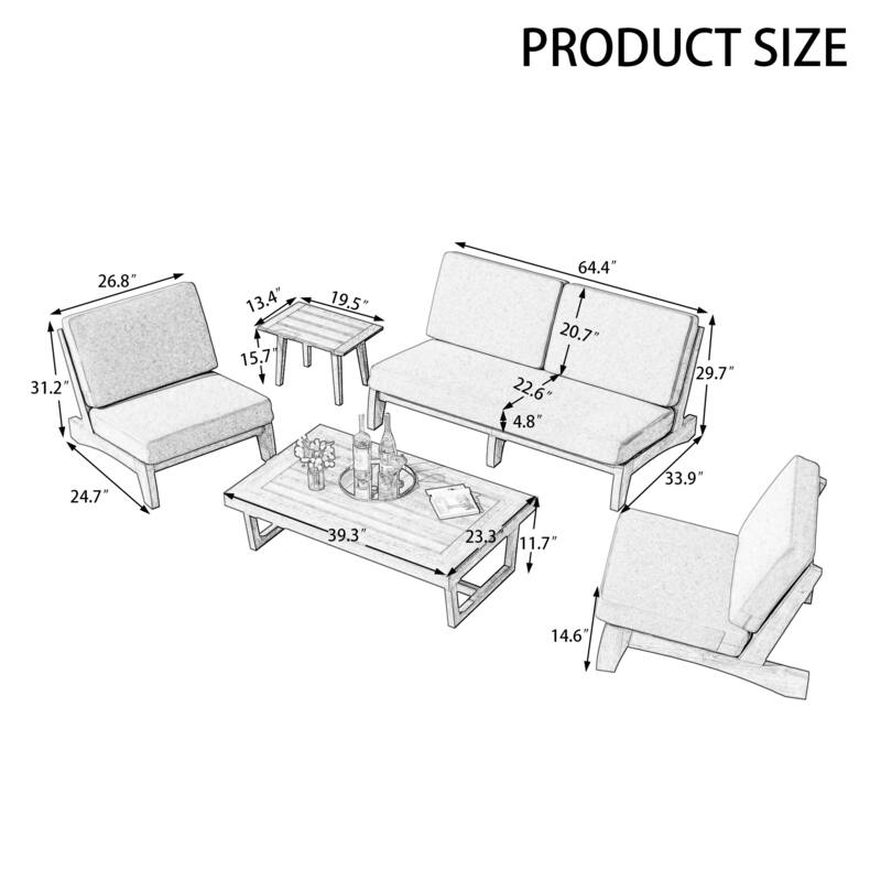 Casual Teak Wood 5-Piece Outdoor Patio Conversation Set