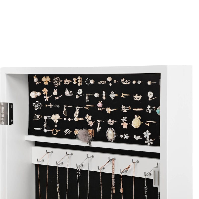 White Lockable Wall Jewelry Cabinet with Mirror Velvet Lined Compartments Ring and Necklace Storage