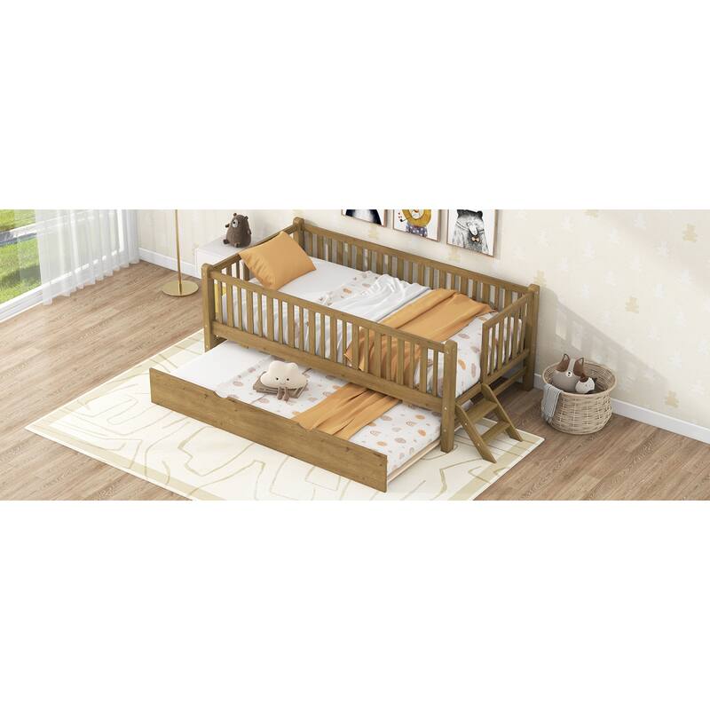 Roomfitters Twin Wood Platform Bed with Semi-Enclosed Guardrail and Trundle