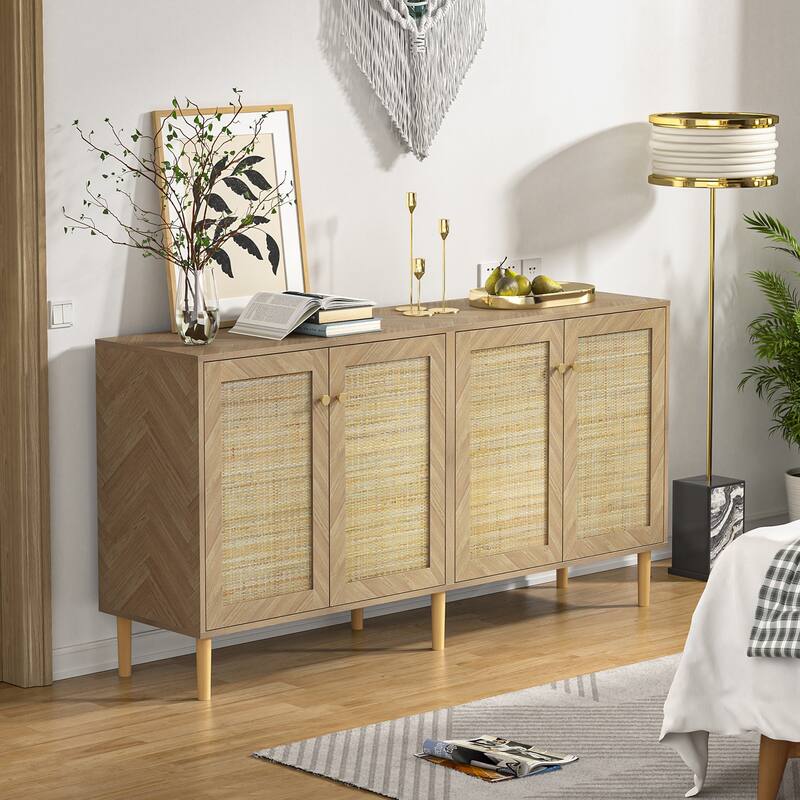 Anmytek Modern 63" W 4-Door Large Sideboard Buffet Rattan Kitchen Storage Cabinet with Adjustable Shelves