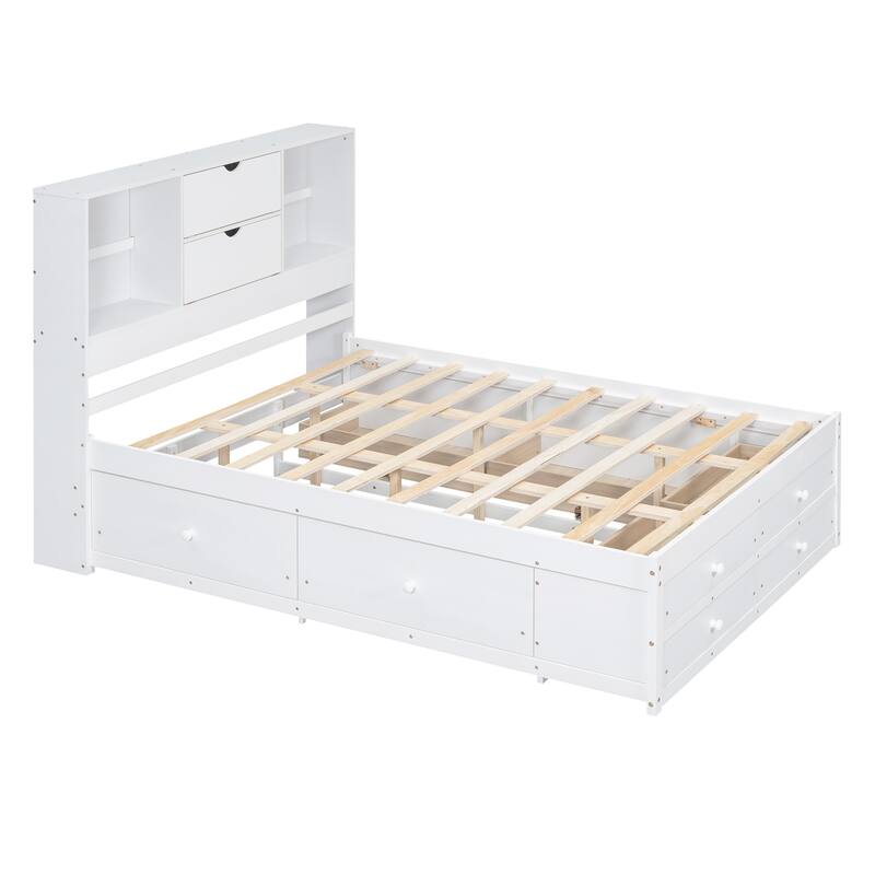 Modern Wooden Platform Bed with Storage Headboard & 8 Drawers