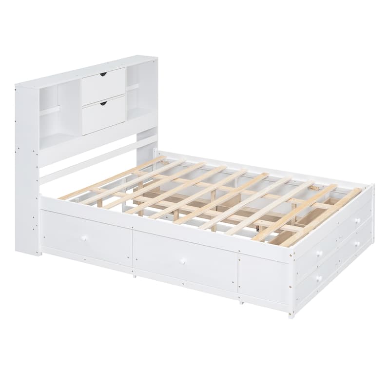 White Queen Size Modern Wooden Bed with Storage Headboard and 8 Drawers