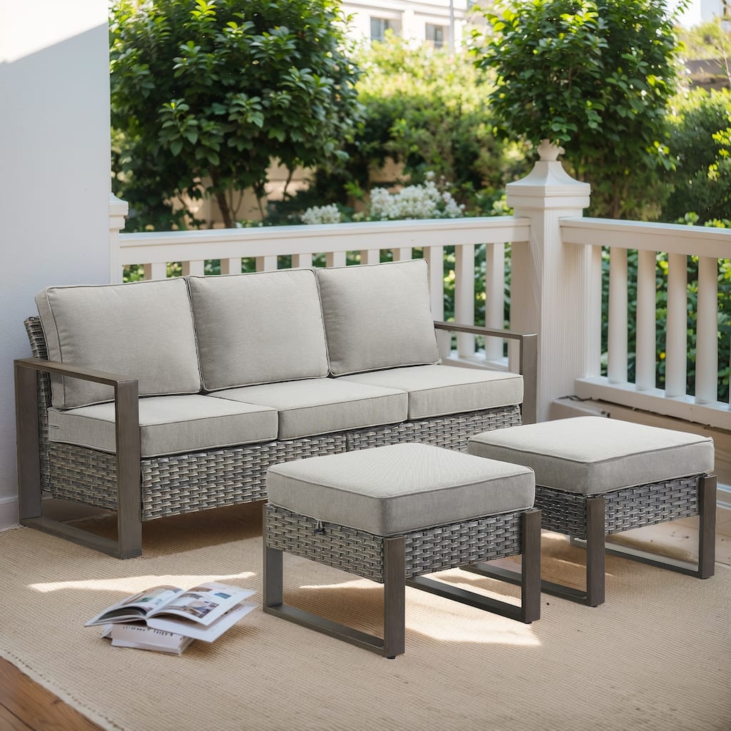 Gymojoy PE Wicker Sofa Loveseat Seating Sofa with Ottoman - Grey