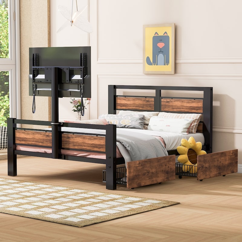 Twin Size Metal Storage Platform Bed with MDF Headboard and Footboard, Two Storage Drawers and Rotatable TV Stand for Bedroom