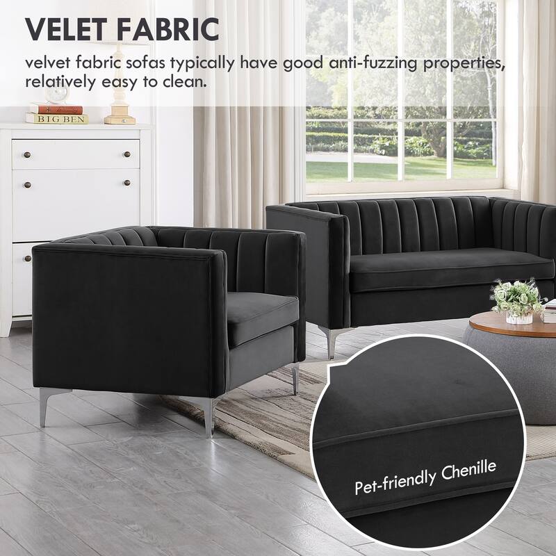 Morden Fort Modern 2 Pieces of Chair and Loveseat Set with Dutch Velvet Grey, Iron Legs