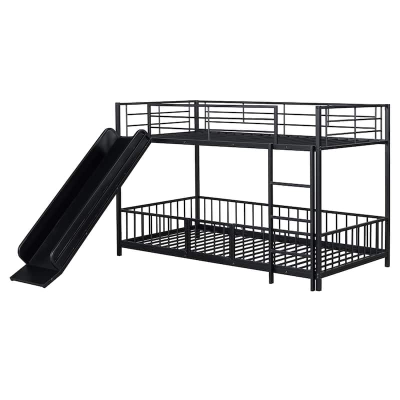 Black Twin over Twin Size Metal Bunk Bed with Slide and Guardrails for Kids