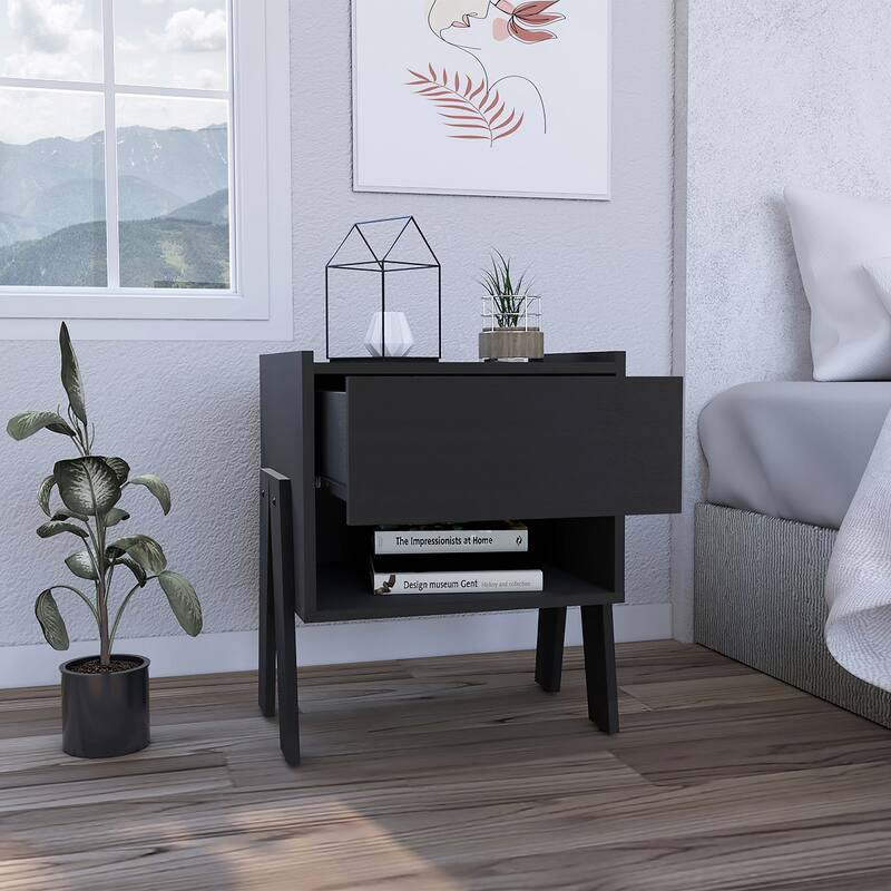 Nightstand with One Open Shelf and Four Legs, One Drawer