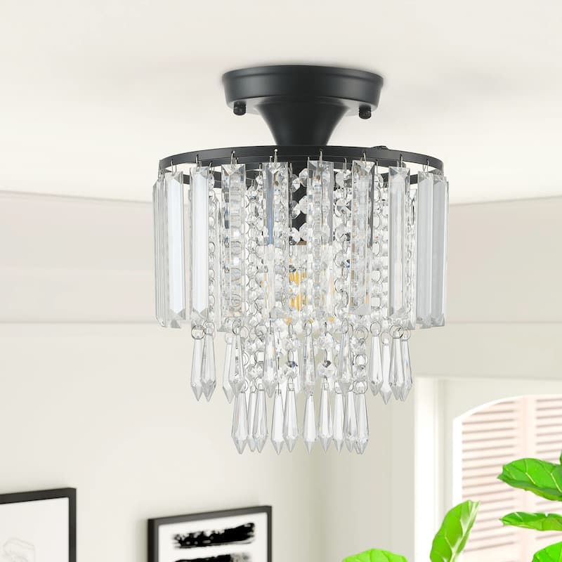 Modern Rain Drop Crystal 1-Light Semi Flush Mount Ceiling Light for Bedroom
