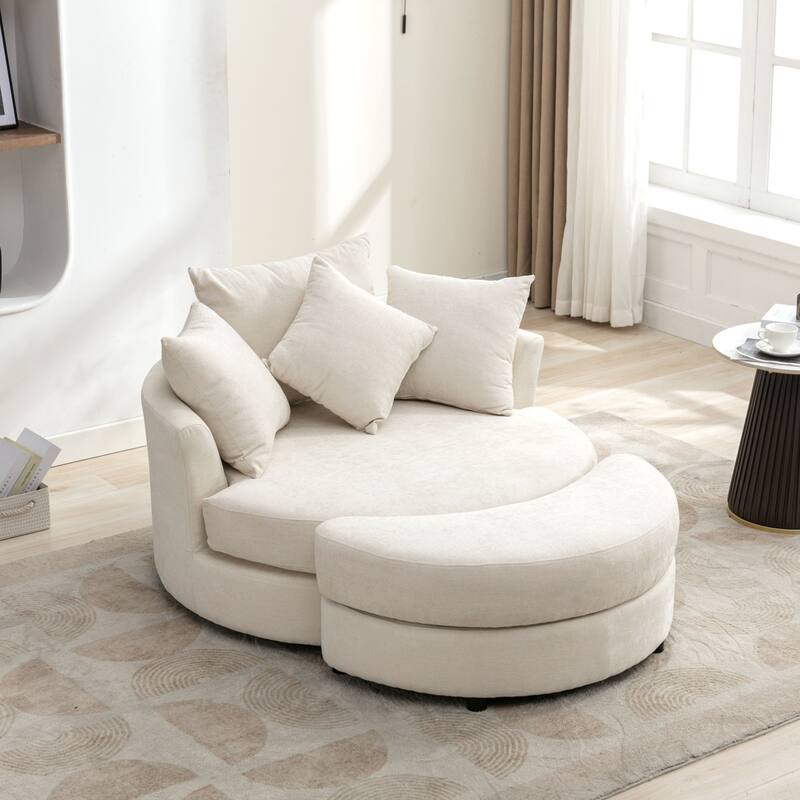 Modern Chenille Swivel Barrel Chair with Storage Ottoman and 4 Pillows - Cream