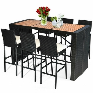COSTWAY 7 PCS Patio Rattan Wicker Bar Dining Furniture Set wood Table - See Details