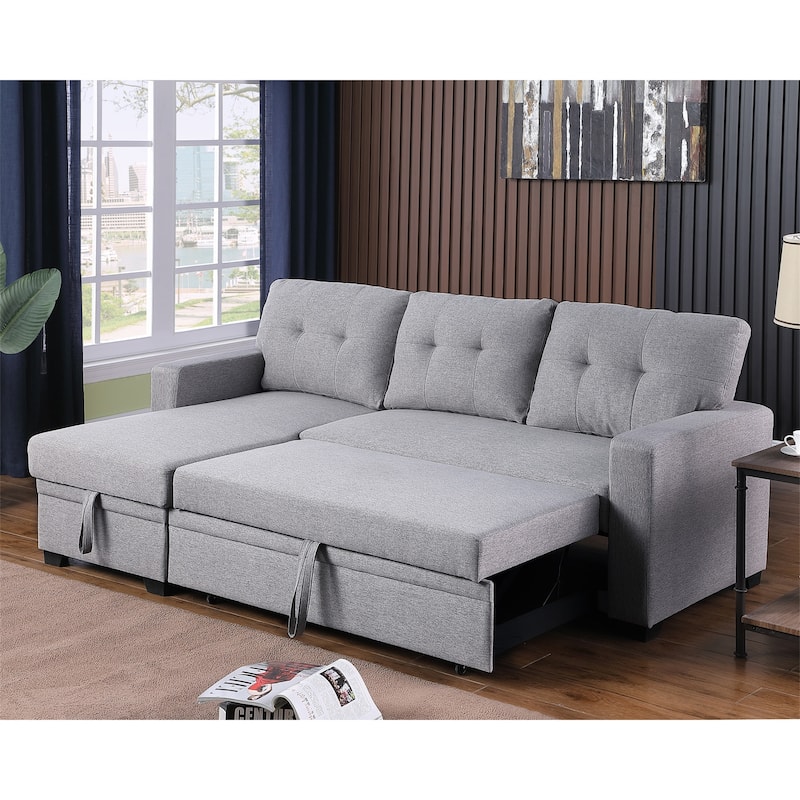 Upholstered Pull Out Sectional Sofa with Chaise and Removable Cushions