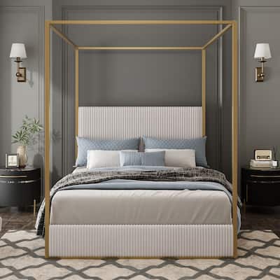 Modern Luxury Metal Canopy Bed with Tall Upholstered Headboard