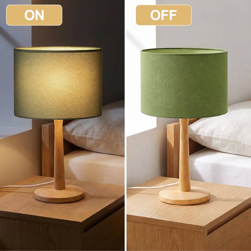 16.3" Modern Table Lamp with Natural Wood Base, Linen Fabric Drum Shade for Bedroom, Living Room, Nightstand