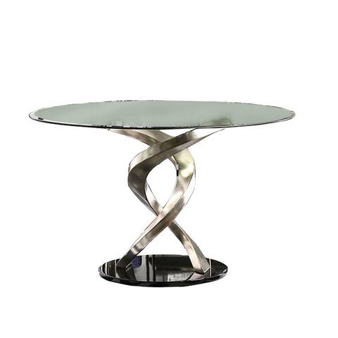 Contemporary Round Dining Table with Swirl Metal Base, Black and Silver