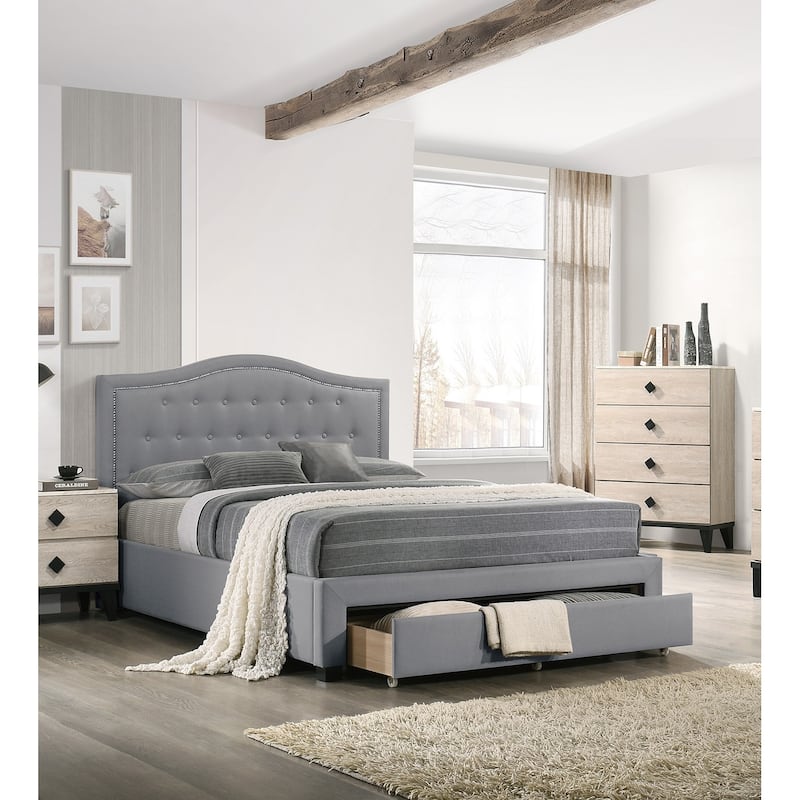 Twin Size Button-Tufted Arch Headboard Storage Bed with Storage Drawer - LIGHT GREY