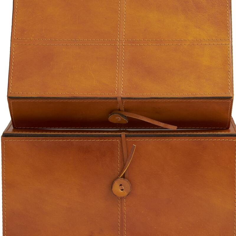 Leather Handmade Decorative Box with Hinged Lid - Set of 2 Gray, Brown, Dark Brown, Gold, Silver - Roche River Decor