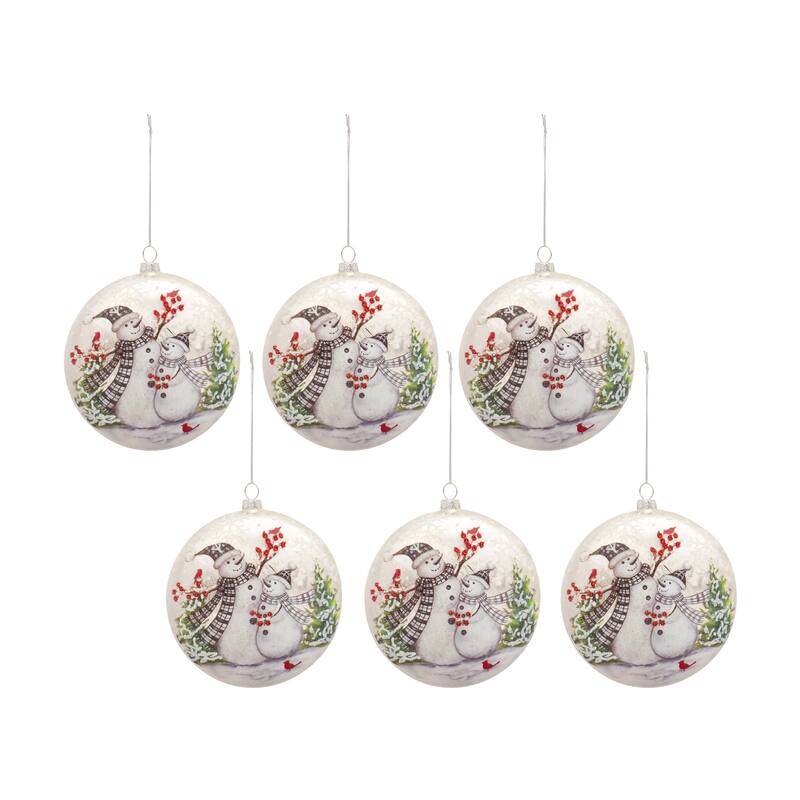 Set of 6 Snowmen Berries Cardinals Glass Christmas Ball Ornaments 5.5"