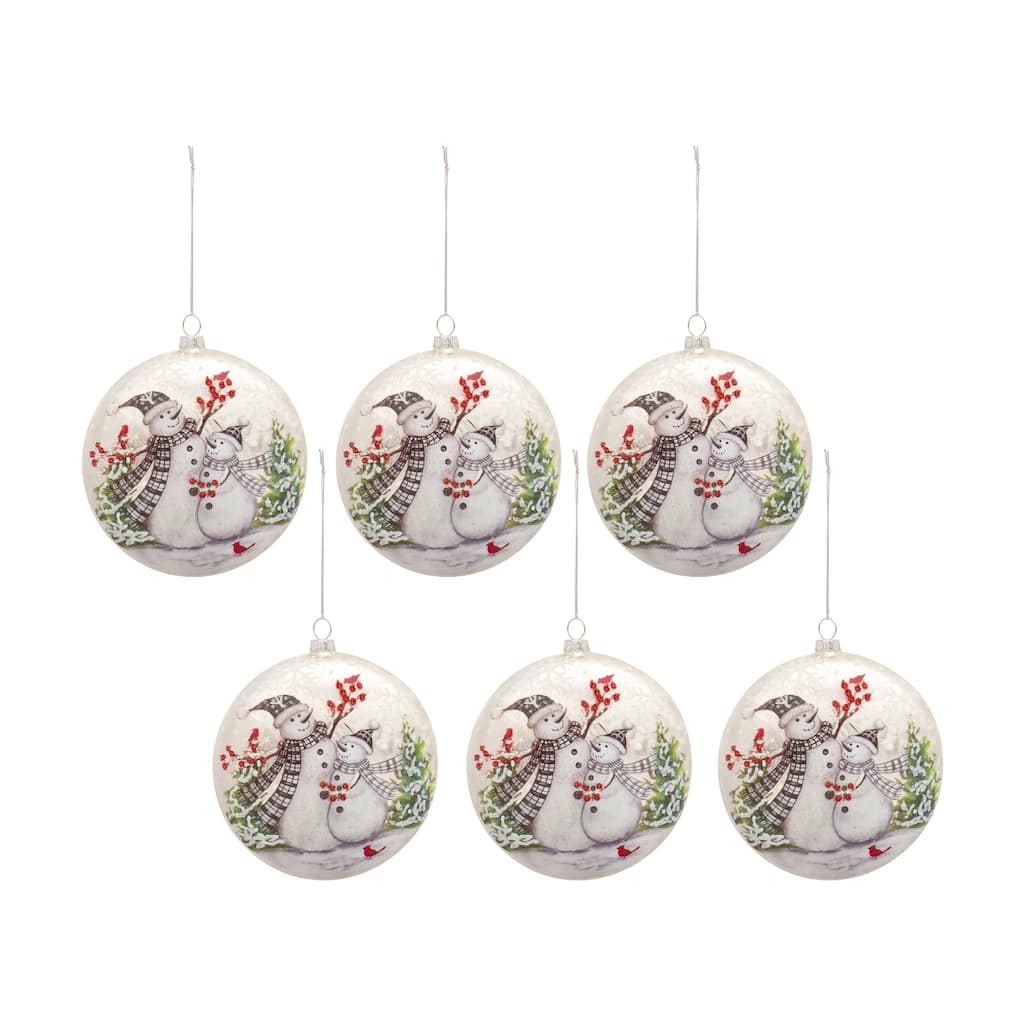 Set of 6 Snowmen Berries Cardinals Glass Christmas Ball Ornaments 5.5"