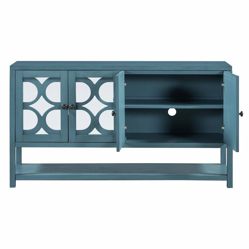 Elegant Retro Console Table with Mirrored Doors, Spacious Shelves and Durable Acacia Wood Legs