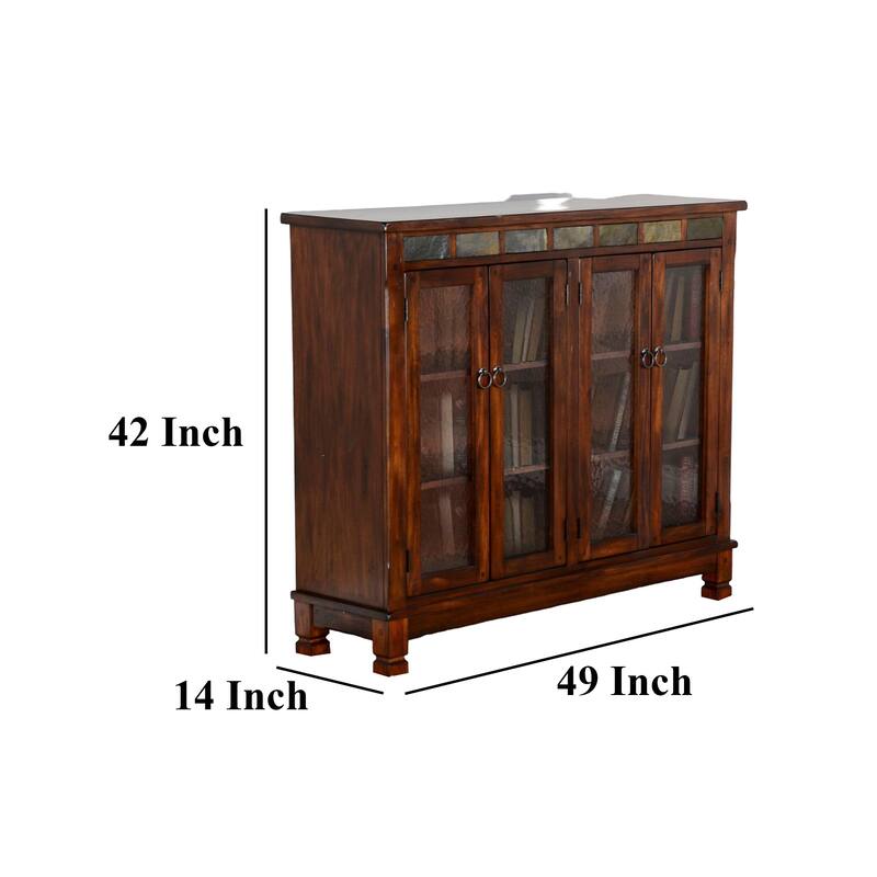 Odell Bookcase Cabinet, 4 Beehive Glass Doors, Slate Inlay Dark Brown