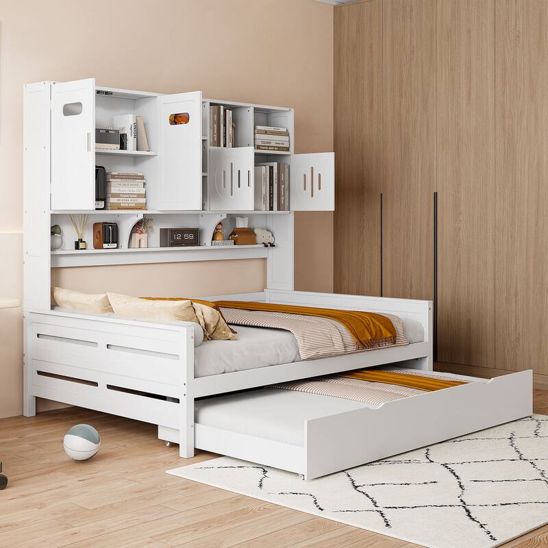 Twin/Full Size Wooden Daybed with Twin Size Trundle Bed and All in One Cabinet, Solid Wood Slats Support, No Box Spring Needed