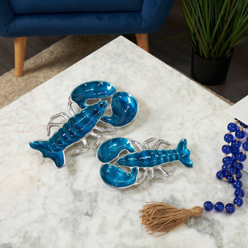 Silver, Blue or Teal Aluminum Enameled Lobster Tray with Silver Metal Exterior (Set of 2) - Blue
