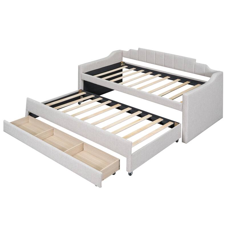 Twin Size Linen Upholstered Daybed with Pull-out Trundle Bed and Three Drawers, Storage Bed with Wood Slats Support for Bedroom