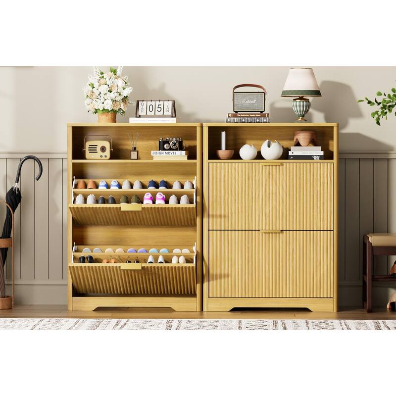 Shoe Cabinet with 2 Flip Drawers, Hidden Shoe Storage Cabinet with Wave-Patterned Panel, Free Standing Entryway Shoe Organizer