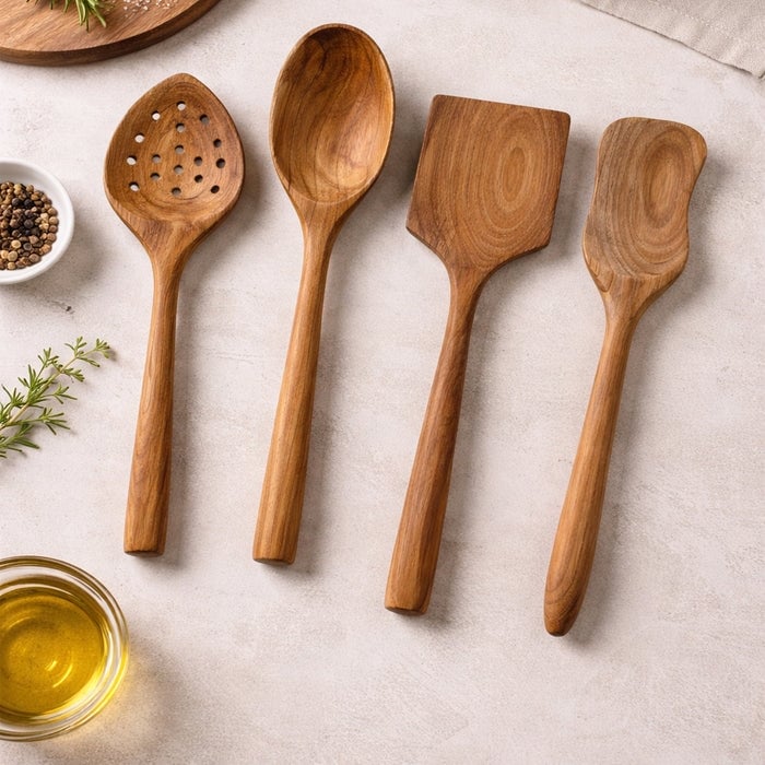 Nordic Teak Natural Teak Wood Kitchen Utensil Set (4 Pieces)