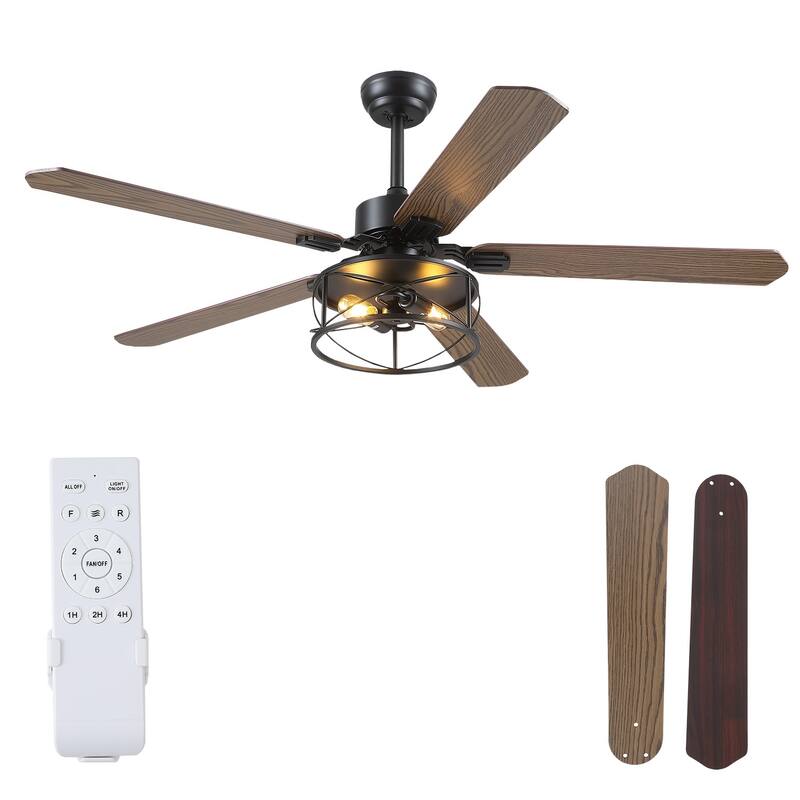 48“ and 56" Farmhouse Caged Light Ceiling Fan with Wood Blades Remote Control for Living Room Bedroom Patio 2*E26 Bulbs