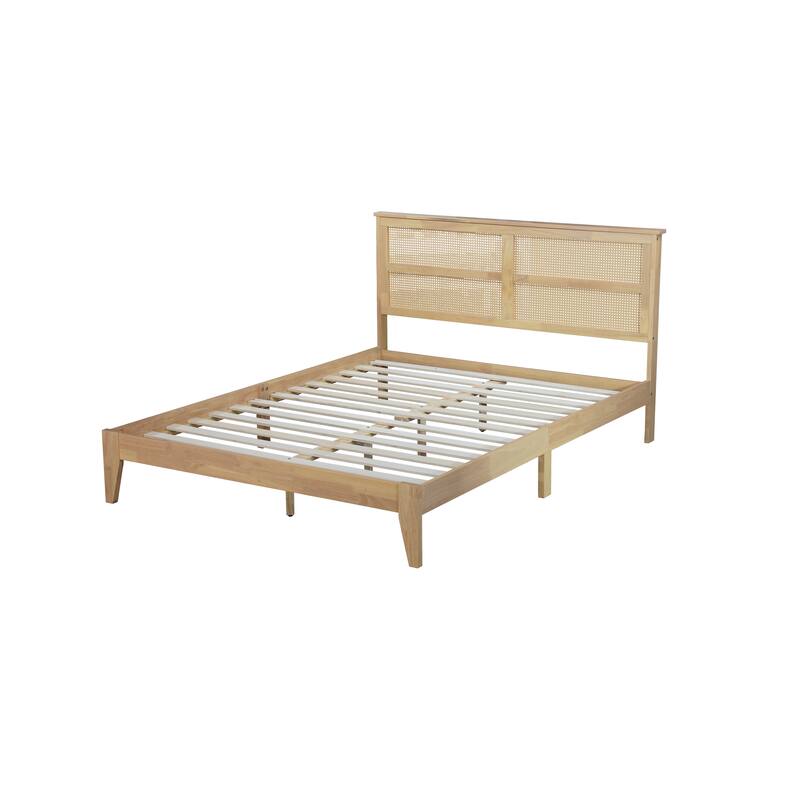 Modern Style Queen Size Rubber Wooden Bed with Rattan Headboard for Bedroom
