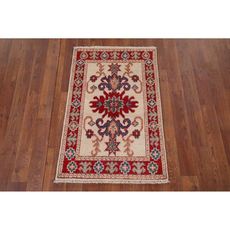 Hand Knotted Oriental 100% Wool Carpet Traditional Geometric Beige & Ivories Kazak Area Rug - 2' 10'' X 1' 10''