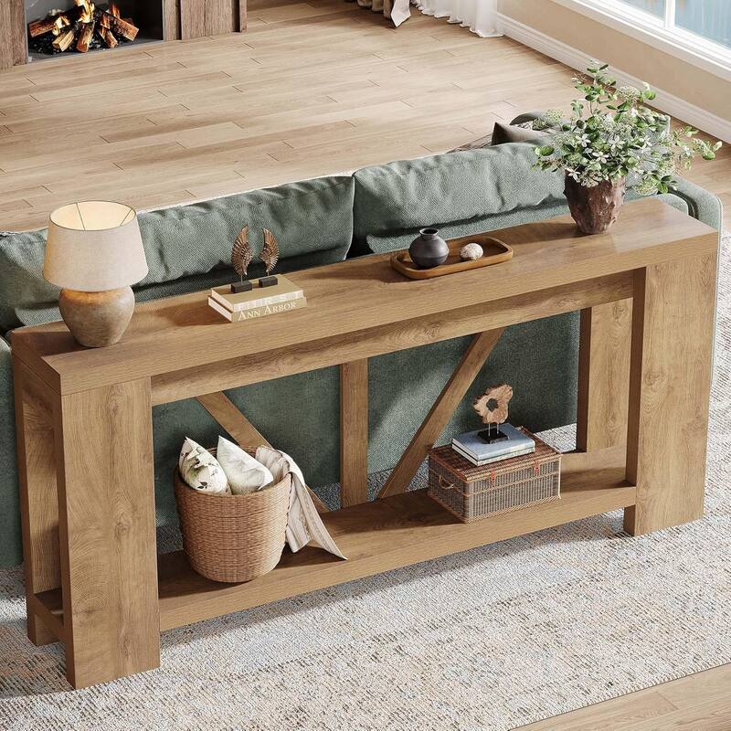 70.9” Brown MDF Entryway Table, 2-Tier Console Table for Living Room