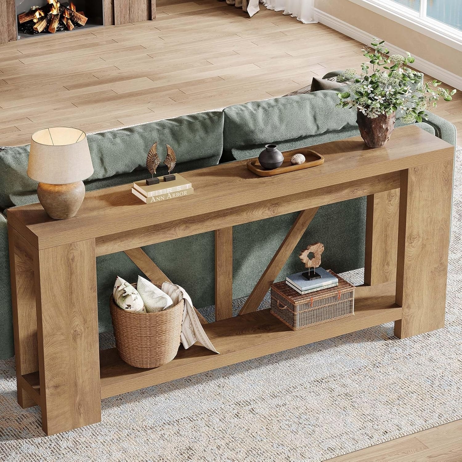 70.9 Inches Extra Long Console Table, 2 Tiers Farmhouse Entryway Sofa Table