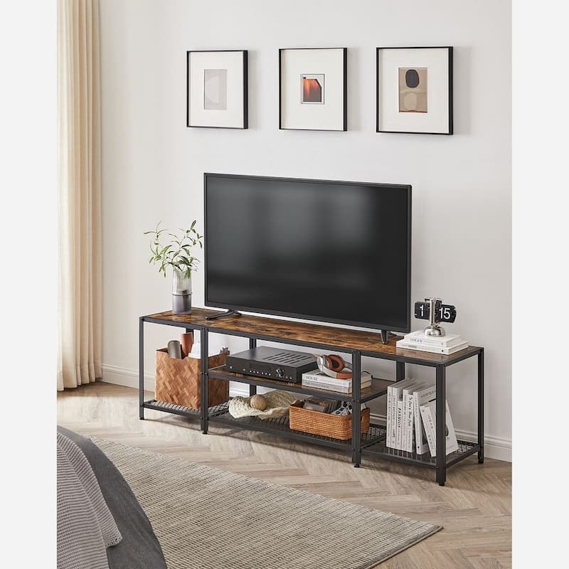 Rustic Brown and Black Industrial TV Stand for TVs up to 75 Inches with Steel Frame and Storage Shelves