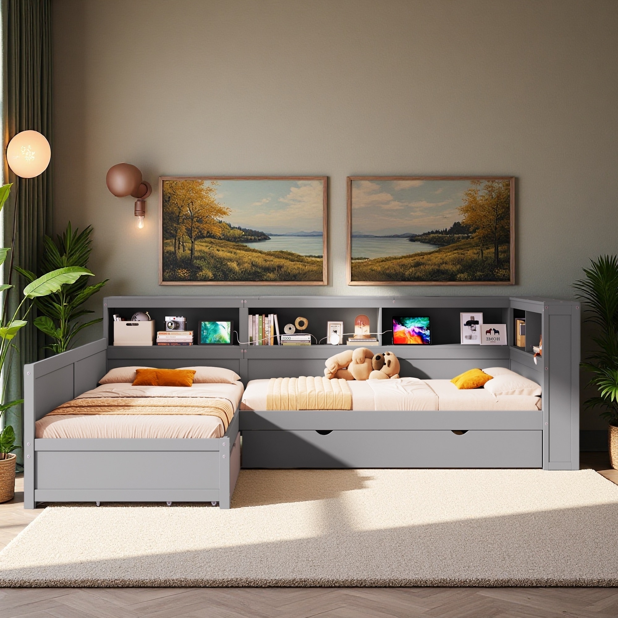 Twin Size L-Shaped Wood Platform Bed with Trundle and Drawer