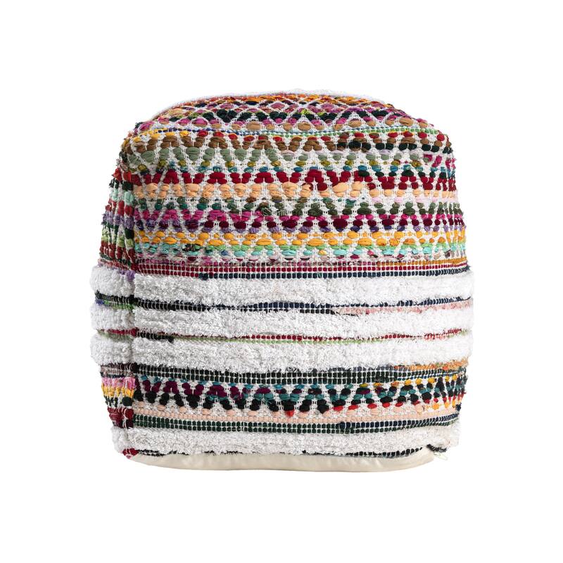 HomeRoots 18" Natural And Rainbow Cotton Blend Chevron Pouf Ottoman