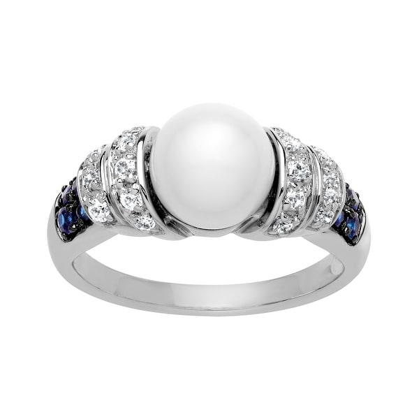 Pearl and 1/2 ct White and Blue Sapphire Ring in Sterling Silver