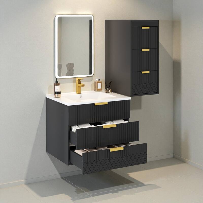 24" Wall Mounted Floating Bathroom Vanity with Side Cabinet, Modern Rectangular Sink with Overflow and Single Faucet Hole - Black