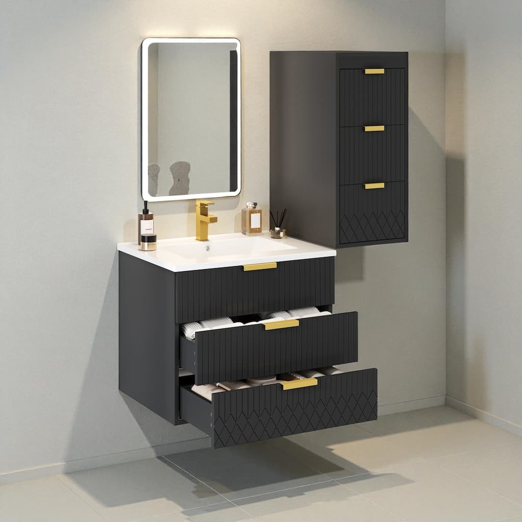 24" Wall Mounted Floating Bathroom Vanity with Side Cabinet, Modern Rectangular Sink with Overflow and Single Faucet Hole